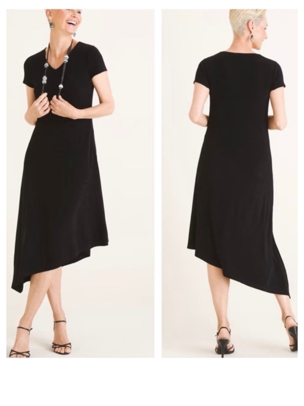 Chicos Travelers Asymmetrical Midi Dress Black Sz 1 (Medium 8 10) Slinky Knit